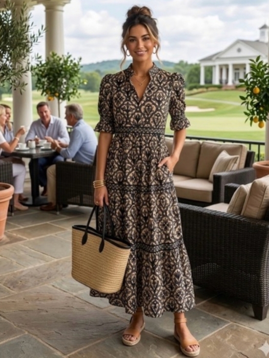 Gretchen Scott Designs Dresses & Skirts - Gretchen Scott Womens Tan Peasant Maxi Dress. Pockets Sz S Cottagecore Garden
